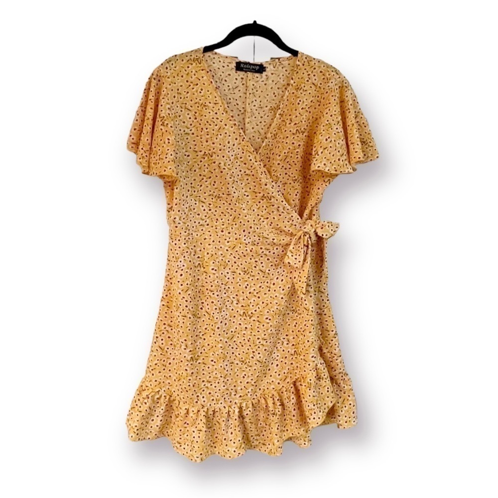 RELIPOP, WOMENS WRAP DRESS WITH RUFFLE SKIRT.  FULL, FLOUNCE SLEEVES. SIZE L.